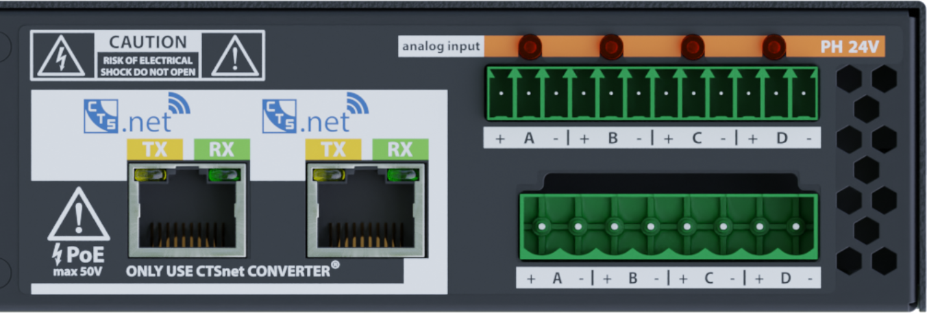 Tył wzmacniacza cyfrowego CTS Junior, widok na złącza RJ45